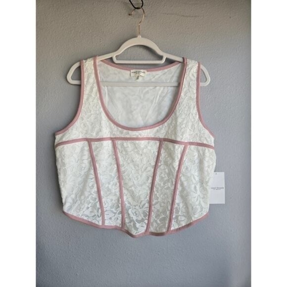 Mixed Threads Lace Corset Style Pink Piping Sleeveless Top White 2X